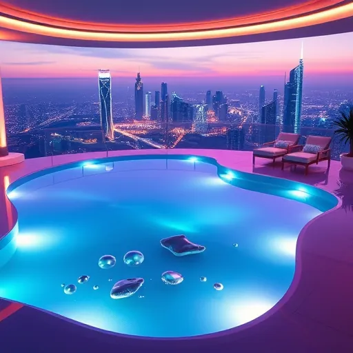 A futuristic luxury spa pool scene set in a high-tech wellness sanctuary featuring an organically shaped, shimmering transparent pool illuminated by programmable LED lights embedded beneath its surface. The ambient lighting shifts smoothly through shades of aquamarine, violet, and soft gold, creating a calming and invigorating atmosphere. Surrounding the pool are sleek metallic accents and minimalist, geometric furniture, including streamlined loungers with holographic cushions and floating virtual panels displaying dynamic water quality and temperature data, emphasizing advanced spa technology. Ethereal iridescent bubbles float atop the water, refracting light for a whimsical touch. Delicate robotic arms perform subtle maintenance and temperature adjustments. In the background, a panoramic view of a futuristic city skyline with luminous skyscrapers interconnected by skybridges under a softly glowing twilight sky enhances the scene’s cutting-edge sophistication. Reflections of the cityscape shimmer on the water’s surface, blending urban futurism with natural organic flow. The environment exudes a sense of serenity and high exclusivity through its vivid neon-infused futurism style, featuring deep blues, luminous teals, and subtle gold accents, complemented by floating translucent stones and digital ripple effects that add unique personality to this vibrant, tranquil luxury spa experience.