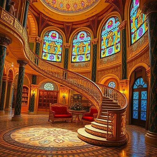 A stunning Byzantine-inspired artwork featuring a luxurious spiral staircase installation with intricate gold leaf patterns and ornate mosaic tiles. The staircase gracefully curves upward with a majestic, divine appearance, accented by detailed Byzantine arches and delicate filigree designs that emphasize opulence. Surrounding the staircase are richly decorated pillars, shimmering textiles, and elaborate frescoes that evoke timeless grandeur. Soft, warm lighting casts a calming yet regal ambiance across the scene. Playful details, such as tiny cherubs peeking from behind columns and swirling motifs dancing along the steps, add charm and personality. The background showcases an opulent hall with patterned mosaic floors and luminous stained-glass windows casting colorful, kaleidoscopic light effects. Texture enhancements highlight the craftsmanship, celebrating the artistry involved in creating this majestic feature. The overall tone is sophisticated and inspiring, blending sacred symbolism with luxurious aesthetics through the signature use of gold, deep blues, vibrant reds, and soft creams characteristic of Byzantine art, while whimsical details bring a lively, joyful spirit to the scene.