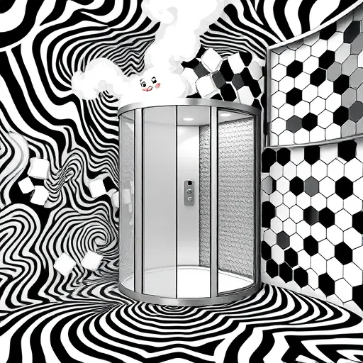 A detailed op-art composition featuring a luxurious steam shower installation highlighted by bold black and white geometric patterns that create mesmerizing optical illusions, emphasizing modern elegance. The foreground showcases a sleek, minimalist steam shower unit with shimmering metallic accents on the edges, suggesting high-end quality. Surrounding the shower are swirling spirals and tessellated shapes resembling rising steam, blending seamlessly into the intricate patterns to evoke movement and tranquility. Playful details include tiny steam clouds with cartoonish faces peeking out, adding a whimsical touch to the sophisticated scene. In the background, a stylish tiled wall with repeating hexagonal motifs enhances the luxurious bathroom theme, while high-contrast black and white reflections add depth and spatial sense. The color palette emphasizes crisp black, pure white, and subtle gray shades to maintain a fresh, striking op-art vibe. The sharp lines and contrasting shapes create an engaging visual experience, combining elegance with a quirky personality—ideal for a blog cover on luxury steam shower installation guides.