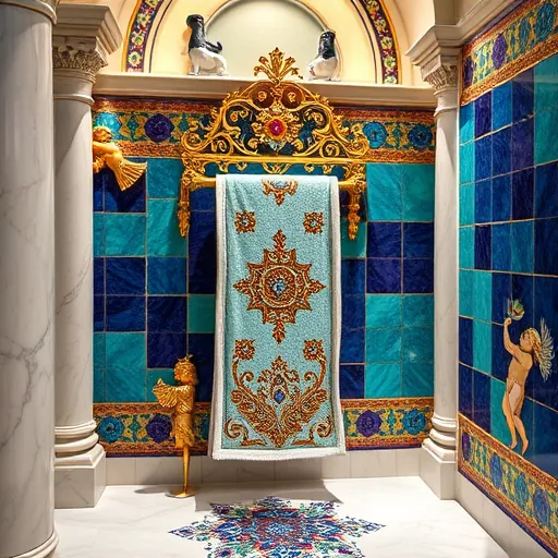 A highly detailed Byzantine-style mural depicting an opulent bathroom scene, featuring a luxurious towel warmer as the focal point. The towel warmer is richly decorated with gold and cobalt blue filigree patterns, resembling a regal artifact adorned with gem-like accents that highlight elegance and decadence. Surrounding it are intricate mosaic tiles in deep turquoise, royal purple, and shimmering gold, forming geometric patterns inspired by Byzantine basilicas. In the background, subtle marble columns and arches contribute to a majestic environment, illuminated by soft, warm lighting that accentuates the gold embellishments. Playful details include tiny Byzantine cherubs with mischievous smiles peeking from mosaic corners and delicate peacock feathers woven into the tilework, symbolizing luxury and beauty. The scene combines Byzantine artistry’s flat, symbolic forms and vibrant jewel tones to evoke timeless richness, transforming everyday bathroom accessories into majestic, almost sacred objects suitable for high-end bathroom installation showcase with a historical, artistic flair.