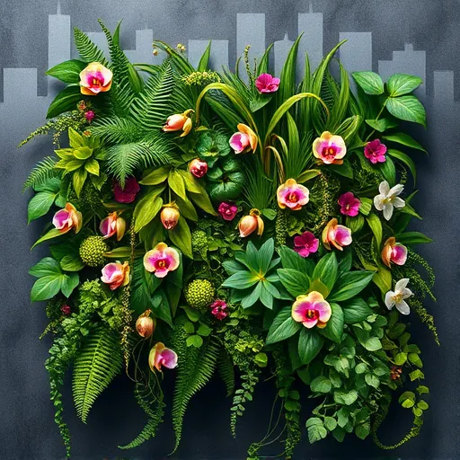 A vivid and intricate depiction of a luxury vertical garden living wall featuring a diverse array of lush, exotic plants such as ferns, cascading ivy, blooming orchids, and variegated leaves, artistically arranged with playful asymmetry on textured concrete or matte black panels. Interspersed among the greenery are whimsical sculptures resembling small animals and abstract shapes, adding quirky charm. The background presents a soft, muted cityscape silhouette with gentle warm light filtering through, highlighting the vibrant foliage and creating a serene yet vibrant atmosphere. The artwork is done in the 'ArtBrut' style, characterized by raw lines and bold strokes that give a dynamic, handcrafted feel. The rich color palette includes deep greens, gold accents, warm earth tones, and bright flowering accents, with exaggerated textures emphasizing the tactile richness of the plants and materials. This image captures the elegance and quirkiness of upscale urban gardening, inspiring ideas for transforming walls into lush, decorative green spaces.