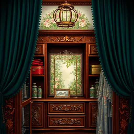 A luxurious walk-in closet inspired by Pre-Raphaelite art, featuring ornate wooden wardrobes with detailed floral and organic carvings in rich, warm tones. Deep emerald and ruby velvet curtains frame the space, adding grandeur and intimacy. Shelves display intricate antique jewelry boxes, delicate glass bottles, and silk fabric swatches with nature-inspired patterns of birds, roses, and vines, all rendered with meticulous line work and luminous coloring. Decorative touches include a vintage gilded mirror with swirling details and a miniature ornate birdcage hanging from the ceiling beam, suggestive of a secret garden. The background depicts a soft, luminous garden scene with misty greenery and blossoms, blending indoor luxury with outdoor serenity. The color palette emphasizes jewel tones, warm golds, and muted pastels, creating an atmosphere of timeless beauty, calm, and poetic mystique. The overall scene exudes fairy-tale elegance through flowing lines, detailed ornamentation, and whimsical garden elements in an enchanting personal sanctuary.