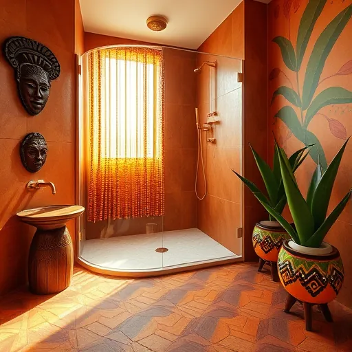 A luxurious wet room bathroom renovation inspired by Traditional African Art, featuring vibrant earthy colors like deep ochres, terracottas, lush greens, and shimmering gold accents. The scene highlights intricately patterned geometric tiles on the floors and walls, inspired by traditional African textiles, with bold, symmetrical motifs creating harmony. A sleek glass shower enclosure refracts warm sunlight streaming through colorful bead curtains, adding texture and liveliness. Elegant brass fixtures with ornate, handcrafted detailing reflect African craftsmanship, adding opulence. Decorative carved wooden motifs reminiscent of tribal art subtly frame the scene, while stylized plant depictions such as acacia branches and aloe vera enhance natural vibrancy. Playful accents include a small gold-trimmed mirror shaped like an African mask and a handmade soap dish carved from brightly painted wood with Maasai-inspired zigzag and spiral patterns. A mural resembling traditional tapa cloth patterns decorates the background wall, blending storytelling with cultural pride. The overall style emphasizes bold lines, rhythmic patterns, and symbolic motifs characteristic of Traditional African Art, celebrating craftsmanship, vitality, and the fusion of tradition and modern design in a luxurious, culturally rich bathroom space.