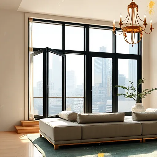 A luxurious interior scene featuring large, high-end windows with sleek, minimalist frames in shimmering brushed gold and matte black finishes, reflecting dynamic light and cityscape reflections. The spacious, upscale living room has textured taupe and cream walls adorned with abstract Tachisme brushstrokes in deep sapphire and emerald green, creating depth and richness. Subtle details include a vintage chandelier with irregular gold leaf accents and a whimsical potted plant with exaggerated textured leaves in a ceramic pot. A faint, abstract silhouette or a delicate curtain fluttering hints at human presence, adding life to the sophisticated yet inviting ambiance. Bold, spontaneous brushstrokes and splashes of vibrant color highlight elements like the gleam of window frames and reflections on glass, emphasizing the artistic and luxurious ambiance of premium window replacement options within a refined, playful aesthetic inspired by Tachisme.