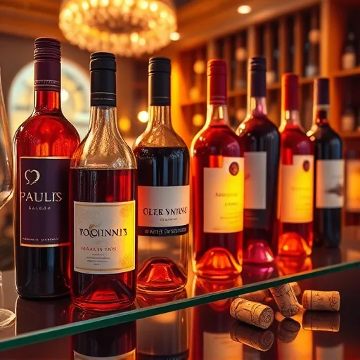 A vibrant, impressionistic scene illustrating a luxurious wine bottle display illuminated by warm, glimmering lighting. The composition features an elegant arrangement of wine bottles on mirrored glass shelves, with their surfaces reflecting soft highlights that emphasize their curves and labels. Rich, textured brushstrokes render the bottles, capturing the deep hues of reds, ambers, and purples, while subtle highlights suggest opulence. The warm, golden lighting bathes the scene, enhancing the inviting atmosphere and emphasizing the richness of the wines. In the softly blurred background, a sophisticated wine cellar or boutique setting is hinted at with wooden racks and ambient light, adding to the intimate environment. Playful elements include a quirky corkscrew character peeking from behind a bottle and a few wine corks with amusing faces illuminated by the glow, adding charm and personality to the scene. The overall mood combines calm elegance with whimsical touches, celebrating the luxurious world of fine wines through lively strokes and vibrant colors typical of impressionist art. The interplay of light and shadow creates a dynamic, lively atmosphere ideal for a blog cover image highlighting wine lighting techniques and the elegance of wine presentation.