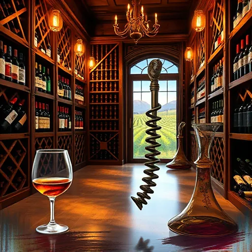A vibrant, Tachisme-inspired image of an elegant luxury wine cellar featuring dark polished wooden wine racks filled with a variety of wine bottles with colorful labels and cork tops. Warm Edison bulb lighting creates soft golden reflections on the glossy floor and bottles, enhancing a cozy, sophisticated atmosphere. In the foreground, a playful oversized corkscrew sculpture appears to dance, adding whimsical charm. Nearby, a half-emptied wine glass and an ornate decanter with swirling liquid evoke refinement and indulgence. In the background, a glass door reveals lush vineyard landscapes painted with broad, expressive strokes in greens, purples, and sunset hues, connecting indoor elegance to outdoor serenity. The scene combines luxury and approachability, with bold colors and textured layers characteristic of Tachisme art, capturing the tactile and aesthetic pleasure of wine storage and the joy of fine living.