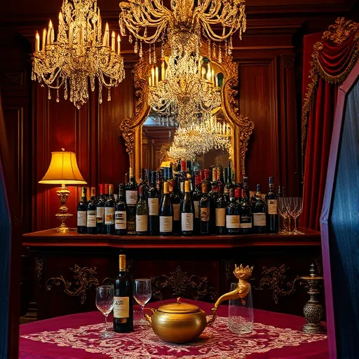 A luxurious Baroque-style dining room featuring ornate chandeliers dripping with crystals that cast intricate shadows on dark wooden paneling and gilded moldings. At the center, an elaborately carved wooden sideboard displays an array of high-end wine bottles with shimmering labels, gold foil accents, and detailed grapevine motifs. The color palette includes regal purple, deep crimson, and golden yellow, creating an opulent and inviting atmosphere. Large, ornate mirrors reflect the scene, adding depth and mystique, while lush velvet drapes with tassels hang beside heavy embroidered curtains. Quirky decorative touches include a vintage brass cherub-shaped wine opener, a whimsical corkscrew entwined with grapevine tendrils, and an ornate glass decanter topped with a golden crown. Delicate details such as a gold-embroidered lace tablecloth and a small bird sculpture atop the sideboard enhance the scene's personality. The environment exudes refined celebration, blending grandeur with playful eccentricity—perfect for a blog cover emphasizing sophisticated wine display ideas with dramatic Baroque flair.