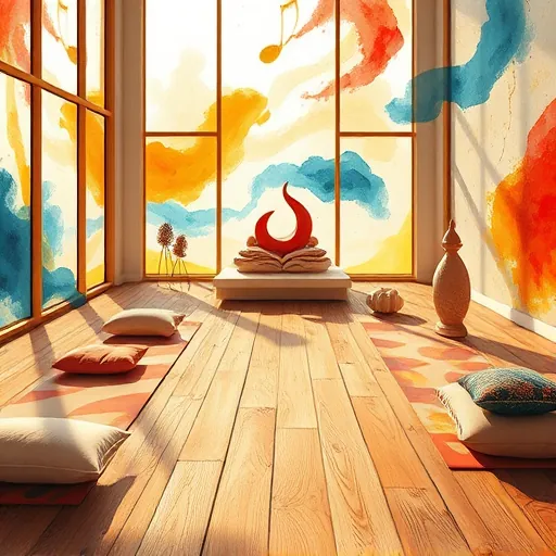 An expressive, bold illustration of a luxury home yoga studio featuring a spacious, airy room bathed in warm golden sunlight streaming through large, abstract windows with flowing organic shapes. The textured wooden floor is painted with dynamic, swirling strokes, complemented by eclectic yoga mats with whimsical patterns resembling galaxies and floral motifs, arranged harmoniously. Cozy cushions in unconventional shapes like crescent moons and oversized leaves add inviting, quirky details, while a minimalist altar showcases vibrant sculptures of spiritual symbols in striking reds, blues, and golds, suggesting opulence. The background blends turbulent, sky-like swirls in deep blues and warm oranges with softer pastel washes on the walls, creating a calming yet energetic atmosphere. Floating abstract musical notes and streaks of color weave through the space, emphasizing harmony and mindfulness with a lively, expressive style that captures the luxurious, inviting spirit of a home yoga sanctuary filled with emotion, movement, and personality.