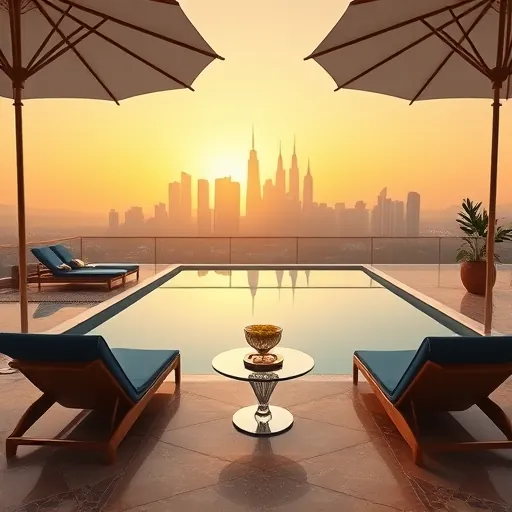 A luxurious zero-edge swimming pool seamlessly blending into the horizon, designed in an elegant Art Deco style. The shimmering, infinity-edge pool features subtle gold accents on its sleek edges, adding glamour. Surrounding the pool is a symmetrical arrangement of polished navy and gold marble tiles with geometric patterns inspired by the Jazz Age. Elegant velvet-upholstered chaise lounges with metallic details sit beneath tall, angular parasols adorned with Art Deco motifs. The scene is set against a stylized city skyline with stepped skyscrapers and spires, bathed in a warm golden sunset that casts amber and copper hues. Decorative terracotta planters with stylized foliage, a vintage-inspired glass cocktail table with an abstract geometric centerpiece, and ornate, symmetrical design elements highlight the scene’s sophistication. The overall mood exudes calm luxury, exclusive leisure, and glamour, with bold lines, symmetry, and ornate details characteristic of Art Deco aesthetics, all rendered in a warm palette of gold, deep blue, and sunset orange tones.