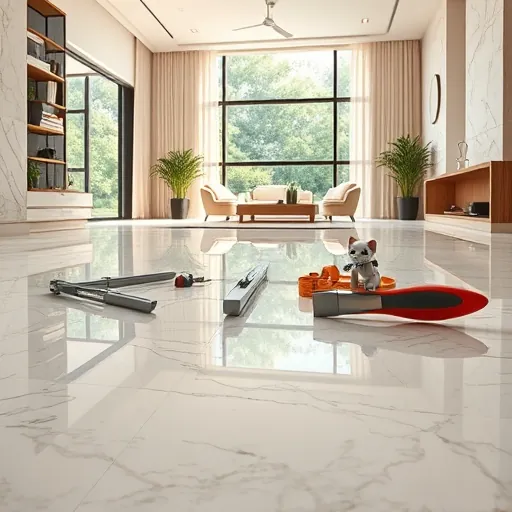 A detailed scene depicting marble flooring installation in a luxurious modern home, highlighting elegance and craftsmanship. The foreground showcases intricately veined marble tiles, some partially laid, emphasizing the meticulous installation process. Polished marble surfaces reflect light, adding depth and richness. Surrounding tools include trowels, levels, and a marble cutting saw, with playful accents like a bright red handle and an orange measuring tape, adding personality. In the background, a spacious, sunlit living room features large windows offering a panoramic view of lush, leafy gardens, blending indoor luxury with natural serenity. Soft shadows cast by delicate drapes create a calm, refined atmosphere. A small, charming robot helper or stylized cat is perched on a section of finished flooring, adding a whimsical touch. The environment exudes sophistication with clean lines, marble accents, and elegant fixtures, reflecting high-quality craftsmanship. Rendered in a Social Realism art style, the warm neutrals—creamy whites, soft beiges, and gentle grays—complement greenery outside and warm indoor lighting, creating an inviting scene that celebrates the artistry and luxury of premium home interiors.