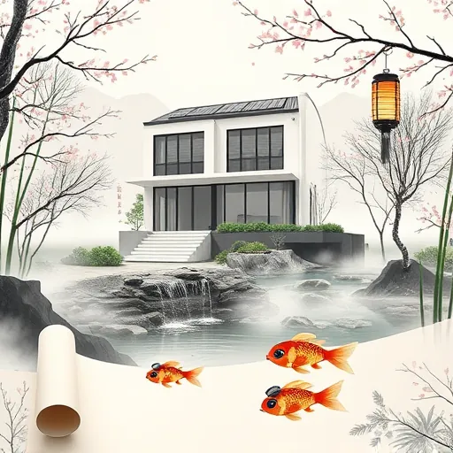 A peaceful scene of a modern luxury home upgraded with sustainable features, rendered in the elegant style of Chinese Brush Painting with flowing ink strokes and subtle colors. The contemporary residence is surrounded by a lush, landscaped Chinese-inspired garden featuring gentle waterfalls, winding stone pathways, and tall bamboo groves, blending traditional aesthetic elements with modern architecture. The house showcases sleek, minimalist design with large glass windows, rooftop terraces, and integrated solar panels, emphasizing eco-friendly, state-of-the-art home upgrades. Soft mist surrounds the ground, creating a calm, airy atmosphere, while delicate cherry blossom branches frame the scene, symbolizing renewal and transformation. Playful details include a whimsical koi pond with large, cartoon-like fish wearing tiny sunglasses, and a stylized lantern casting a gentle glow, adding charm to the sophisticated setting. In the foreground, a subtle paper scroll displays abstract brushwork hinting at advanced smart technology and eco-friendly innovations incorporated into the home. The entire composition exudes serenity, elegance, and harmony, representing the innovative spirit of modern home upgrades that seamlessly blend tradition with contemporary design through a poetic ink-wash aesthetic.
