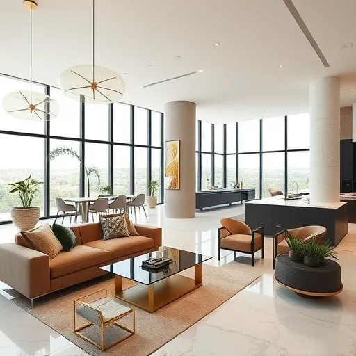 A hyper-realistic image of a luxurious modern home interior showcasing an open floor plan that seamlessly combines living, dining, and kitchen areas. The space features elegant marble countertops with subtle veining beneath chic pendant lights hanging from a high, airy ceiling. A plush, neutral-toned sectional sofa is arranged around a contemporary glass and brushed brass coffee table, creating an inviting seating area. The dining zone includes a large rustic wooden table paired with stylish upholstered chairs, positioned next to expansive floor-to-ceiling windows that fill the room with natural light. In the background, a minimalist kitchen boasts sleek matte charcoal cabinets, integrated appliances, and an eye-catching island with a waterfall edge. Playful decor elements include a floating bookshelf with colorful accents and a vintage record player on a side counter. Decorative houseplants in modern planters add freshness, with one cleverly draped around a column, accentuating the open layout. The overall ambiance is calm and inviting, illuminated by warm ambient lighting that highlights luxurious textures and finishes. Outside the expansive windows, glimpses of a cityscape or lush greenery enhance the sense of space and openness. The scene emphasizes sophisticated design, modern elegance, and functional style, ideal for inspiring open floor plan remodeling ideas.