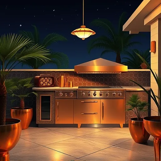 A luxurious outdoor kitchen styled in elegant Art Deco design, featuring geometric patterns, symmetrical lines, and a sophisticated color palette of rich golds, deep navy blues, soft copper, and subtle cream tones. The sleek installation includes polished copper and chrome surfaces, streamlined hexagonal tiles, and decorative grillwork. Ornate handles and curved fixtures add opulence, while a vintage-inspired brass lamp casts a warm glow over the countertops. Surrounding the kitchen are stylized palm trees and geometric planters with potted plants, creating a tropical yet chic atmosphere. The backdrop showcases a beautifully designed patio with terrazzo flooring in contrasting metallic shades, under a midnight-blue sky sprinkled with shimmering stars, evoking a cozy evening ambiance. Playful vintage elements include a retro-patterned radio and a gleaming cocktail shaker nestled among utensils, suggesting lively outdoor gatherings. The scene blends timeless glamour with playful nostalgia, emphasizing outdoor living elegance with decorative details and sophisticated lines for a captivating blog cover image.