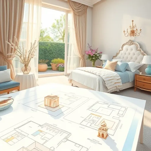 An impressionist-style scene illustrating the planning of a luxury master suite renovation. The image features a soft, pastel color palette of blues, whites, gold accents, and greys, creating an elegant and tranquil atmosphere. In the foreground, a blurred drafting table displays sketches of bedroom layouts, layered with pastel fabric swatches, delicate gold details, and tiny architectural scale models that seem to dance across the surface. An open window on the side reveals a lush garden with blooming flowers and gently swaying trees, illuminated by golden afternoon light filtering through sheer curtains, enhancing the dreamy vibe. In the background, a luxurious bed with plush linens and an ornate headboard is subtly hinted at, accompanied by shimmering bedside tables rendered with impressionistic brushstrokes that evoke softness and grandeur. The scene combines creative chaos with refined elegance, featuring vibrant throw pillows, decorative vases with wildflowers, and abstract fabric patterns that add personality. Overall, the mood is contemplative yet inspiring, blending artistic freedom with meticulous planning—ideal for a blog cover celebrating the high-end transformation of a bedroom makeover.
