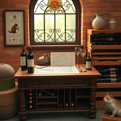 A vintage-inspired scene of a cozy wine cellar featuring an antique wooden worktable with intricate Arts and Crafts-style carvings, showcasing open installation tools, vintage measuring instruments, and a blueprint for installing a premium wine fridge. Surrounding the table are handcrafted ceramic wine bottles and glasses with playful labels, highlighting artisanal craftsmanship. The warm-toned brick walls in the background are decorated with posters on proper leveling and ventilation, adding a quirky touch. A cheerful squirrel peeks from behind wine crates, holding a tiny magnifying glass, introducing a playful element. Soft natural light filters through a stained-glass window with floral motifs, casting warm hues of terracotta, moss green, and muted golds, creating an inviting and refined atmosphere. This detailed, handcrafted scene combines artistic precision with playful personality, perfect for wine enthusiasts seeking expert advice on wine fridge installation.