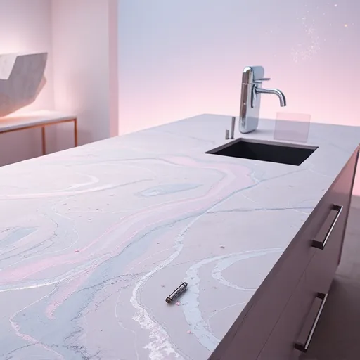 A visionary depiction of a quartz countertop installation scene featuring a sleek, shimmering slab with swirling pastel pink, blue, and silver patterns that emit an otherworldly glow. The scene captures the installation process with delicate, ethereal tools gently floating above the countertop, illuminated by soft ambient light, creating a celestial, dreamy atmosphere. Playful cosmic details, such as tiny stars and comet streaks, drift around the workspace, adding whimsy and personality. The background showcases a fantastical workshop with abstract shapes resembling floating islands and crystalline formations, blending real craftsmanship with imaginative creativity. Ethereal wisps of mist curl around the scene, enhancing a tranquil, inspiring mood, while hints of iridescent energy symbolize innovation and transformation. The art style is surreal and vibrant, highlighting dynamic forms, a harmonious pastel color palette, and subtle metallic accents, conveying a sense of craftsmanship infused with mystical and inventive elements.