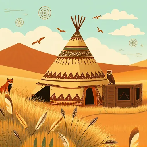 A vibrant blog cover image illustrating the concept of 'Room Additions' through a stylized Native American art-inspired scene. The central focus is a beautifully crafted, elongated tipi or lodge featuring intricate geometric patterns, symbolizing expansion and growth. Attached seamlessly are additional rooms with textured, carved wooden panels, framed by stylized branches and feathers that blend natural elements with architectural forms. Surrounding the main structure are whimsical animal figures, such as a curious fox peeking from behind and wise owls perched on stylized branches, adding playful personality. The background depicts a lively, nature-inspired landscape with rolling hills, tall grasses, and a clear sky dotted with animated cloud shapes, conveying a calm and optimistic mood. Symbolic motifs like sacred spirals and swirling patterns emphasize transformation and expansion, while the earthy color palette—rich browns, warm oranges, muted greens, accented with turquoise—evokes harmony and stability. The overall composition balances flowing lines and layered textures, merging traditional Native American artistry with a contemporary touch, creating an inviting, inspiring visual that highlights growth, creativity, and connection to nature.