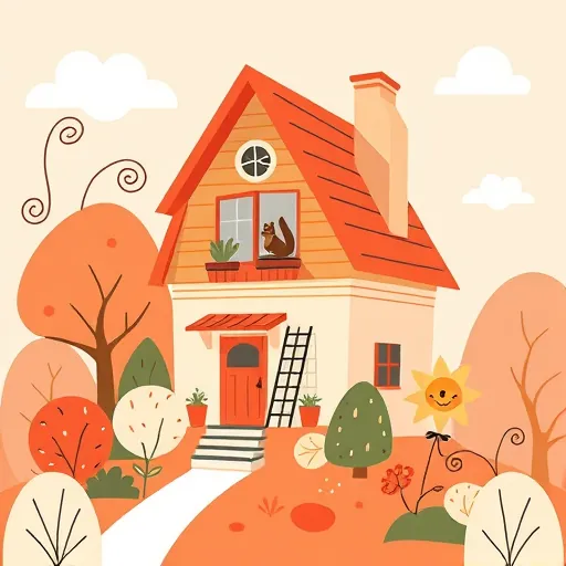 A whimsical FolkArt-style illustration depicting the concept of "Second Story Additions." It features a charming, cozy house with a playful, exaggerated roofline, showcasing an imaginative second story being added with creative flair. The upper level has a storybook charm, including a window, a small balcony with potted plants, and a ladder leaning against the side of the house. Surrounding the home are lush, simplified trees and bushes with bold, swirling patterns set against a soft pastel sky in blues and pinks, creating a calm, inviting atmosphere. Quirky details like a whimsical birdhouse on a tree, a tiny squirrel peeking from a window, and a cheerful chimney with curling smoke add personality. The scene is rendered with blocky, FolkArt-inspired shapes, featuring warm ochre, salmon pink, moss green, and creamy whites, emphasizing a friendly, handcrafted aesthetic. The playful composition highlights home expansion ideas with a nurturing, creative charm, making it an engaging and inspiring image for home improvement content.