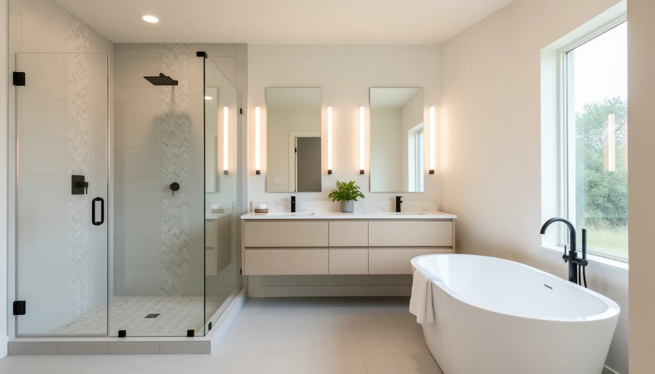 A modern remodeled bathroom with a walk-in shower, freestanding tub, and double vanity in a sunlit Austin home.