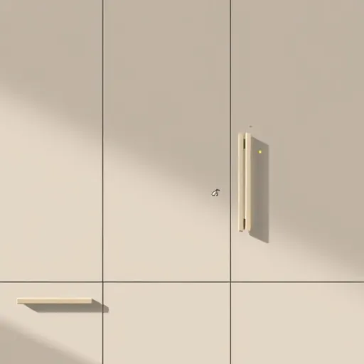 A minimalist illustration of soft-close cabinet hardware in a modern kitchen setting. The scene features sleek, matte-finish cabinetry in muted taupe and light gray tones, emphasizing sophistication and craftsmanship. Close-up views highlight the soft-close mechanisms—streamlined dampers and elegant handles—showcasing their smooth, seamless operation. Delicate doodles resembling playful faucet shapes float near the hardware, adding a whimsical touch. The background depicts a bright, airy kitchen with soft shadows and geometric shapes, using a gentle gradient from warm cream to cool gray to create an inviting atmosphere. Subtle sparkles around the hardware evoke high quality and smoothness. The artwork is characterized by clean lines, limited detailing, and a refined color palette of soft neutrals and metallic accents, capturing a high-end, modern, and elegant aesthetic with a touch of playful personality.
