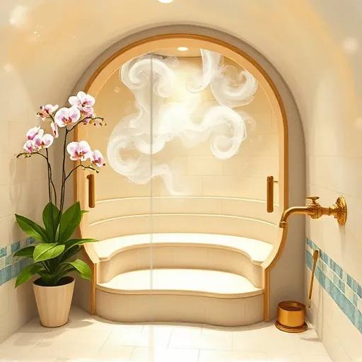 A luxurious steam room in an opulent bathroom, depicted in soft, textured Impressionist brushstrokes. The scene showcases an elegant, rounded steam chamber made of warm, translucent glass that reflects a gentle glow, suggesting tranquil warmth inside. Surrounding the chamber, lush greenery and delicate orchids in pastel greens, soft pinks, and pale lilacs evoke natural serenity. Inside, a multi-tiered, plush-looking bench with flowing, loose brushstrokes invites relaxation. Ethereal wisps of steam in white and pale blue swirl upward, creating a dreamy, calming atmosphere. The background features a softly blurred mosaic tile wall with intricate abstract patterns in muted golds and subtle blues, adding a touch of sophistication. Playful details include tiny floating bubbles or glowing orbs drifting through the steam, conveying whimsy, and a vintage brass faucet with ornate detailing enhances the scene’s historic charm. The overall mood is peaceful and indulgent, with a palette of warm ivory, gentle aquas, and touches of lavender, capturing the essence of luxury, relaxation, and playful elegance in a high-end steam room environment.