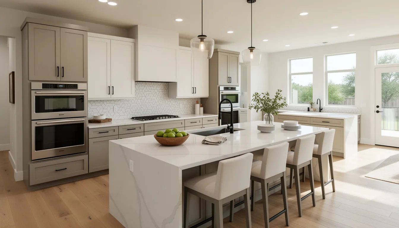 A bright, modern kitchen with a large island, quartz countertops, custom cabinetry, and a tile backsplash in a renovated Austin home.