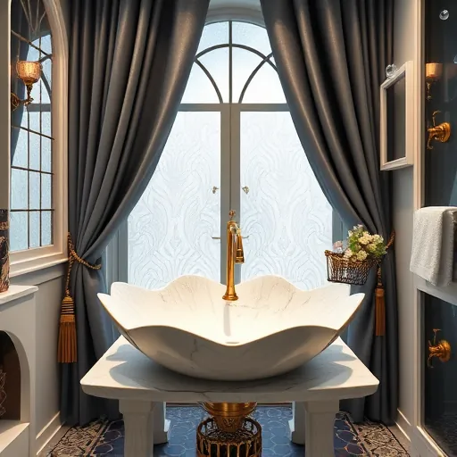 An opulent laundry room transformed into an elegant sanctuary, featuring a marble-topped wash basin shaped like a blooming lotus flower symbolizing purity and renewal. The basin rests on intricate, gold-accented fixtures that evoke luxury. Soft ambient lighting creates gentle shadows, highlighting shimmering silk drapes framing a large frosted stained-glass window designed with water ripple patterns, conveying serenity. Quirky details include a vintage robot with a playful wink holding a tiny laundry basket, adding whimsical charm. The mosaic floor artfully incorporates abstract symbols of water, bubbles, and laundry motifs in a harmonious pattern, emphasizing the theme. Delicate, translucent soap bubbles float above, symbolizing cleanliness and freshness. The color palette features calming yet luxurious tones of deep navy blues, soft gold accents, and pristine whites, suggesting sophistication with a playful edge. The artwork emphasizes themes of harmony, renewal, and transformation, blending elegance with humor through hidden laundry-themed emblems integrated into decorative elements. Overall, the scene balances calmness, luxury, and quirky personality, portraying laundry room renovation as an artistic and refined personal expression.
