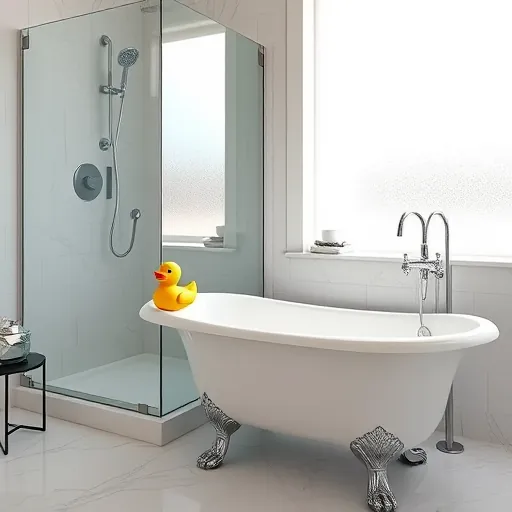 A hyperrealistic illustration of a modern bathroom undergoing a tub-to-shower conversion, featuring a sleek glass-paneled shower enclosure with reflective surfaces, and a vintage clawfoot tub partially transformed with shiny chrome fixtures. The bathroom is adorned with smooth marble tiles and subtle scattered tools and materials indicating ongoing renovation. Soft natural light filters through a frosted window, creating a calm and clean atmosphere. Quirky details include a rubber duck inside a glossy shampoo bottle and a tiny star-shaped soap sculpture. The background showcases a neutral color palette of cool grays, whites, and mint green, emphasizing freshness and modernity. Every surface detail, light reflection, and texture is meticulously rendered to evoke a high-end, realistic home upgrade experience.