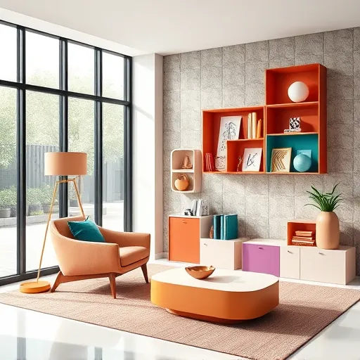 A modern living room interior featuring up-to-date upscale renovation design trends rendered in a vibrant Bauhaus style. The scene highlights bold geometric shapes such as squares, circles, and triangles intersecting to showcase stylish furniture pieces including a mid-century modern armchair with clean lines, a minimalist angular coffee table, and colorful, oversized shelving units resembling blocks. The color scheme combines deep teal, warm terracotta, soft pastel pinks, crisp whites, and muted gold accents, creating a sophisticated yet playful atmosphere. Quirky details include an asymmetrical floor lamp shaped like a giant pencil and a corkboard wall with geometric cutouts displaying miniature art or architectural sketches. Large, geometric windows allow natural light to flood the space, highlighting textured wall panels and sleek surfaces that emphasize modern luxury. The décor features subtle zigzag and chevron patterns integrated into textiles and accessories, adding lively visual interest. The environment suggests a creative, high-end renovation project blending functional elegance with bold artistic expression. Overall, the design exudes a refined yet approachable vibe, with playful shapes and lively colors capturing the essence of trendy, upscale interior design inspired by Bauhaus aesthetics.