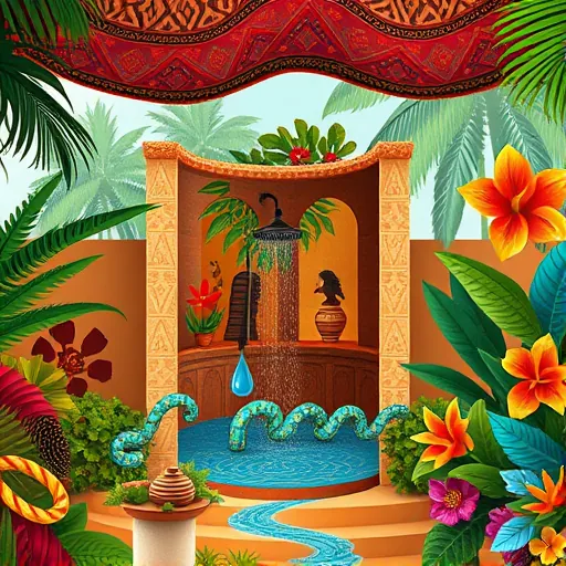 A vibrant outdoor scene showcasing a walk-in shower installation inspired by Traditional African Art set in a lush tropical environment. The backdrop features arched motifs and geometric patterns reminiscent of African textiles, seamlessly blending into a stylized landscape. The shower is designed with organic, textured surfaces resembling carved wood or clay pottery, adorned with decorative abstract animal motifs and swirling patterns along its edges. Artistic depictions of water—flowing in rhythmic, stylized patterns—symbolize refreshment and renewal. Playful details include coiled hoses resembling twisting snakes and colorful water droplets with expressive faces, adding whimsical charm. A canopy of patterned fabric inspired by African Kente cloth drapes overhead, fluttering gently among lush foliage and exotic, intricately detailed flowers. The color palette highlights earthy tones like warm ochres, deep browns, and vibrant reds, accented by turquoise, green, and gold, creating an energetic, inviting atmosphere. Traditional motifs such as zigzags, spirals, and symmetrical designs are integrated throughout, conveying cultural richness and craftsmanship. The scene exudes celebration, artistic creativity, and a whimsical spirit, merging functional design with cultural storytelling and lively artistic expression.
