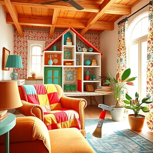 A vibrant FolkArt-inspired depiction of a cozy, transformed living space illustrating a "Whole Home Renovation" theme. The scene features a charming interior with rustic wooden beams, colorful patchwork furniture, and whimsical patterns that evoke warmth and creativity. Bright, cheerful colors such as warm oranges, deep reds, soft yellows, and calming turquoise dominate the palette, creating an inviting and lively atmosphere. In the foreground, a vintage armchair is draped with a playful patchwork quilt. At the center, a stylized, exaggerated house outline showcases before-and-after glimpses—highlighting a dull, outdated room transforming into a lively, modern oasis. Quirky details include a tiny, smiling hammer and paintbrush with googly eyes tucked into a corner, alongside a cheerful plant with swirling, dancing leaves. The background displays an open-plan home with exaggerated windows and doors, revealing colorful wallpaper, botanical accents, and eclectic decor. Sunlight streams through patterned curtains, casting warm, dappled light that emphasizes themes of transformation and renewal. The composition exudes handcrafted folk art charm with bold outlines, intricate detailing, and a joyful tone, capturing the excitement and creativity involved in home renovation and remodeling.