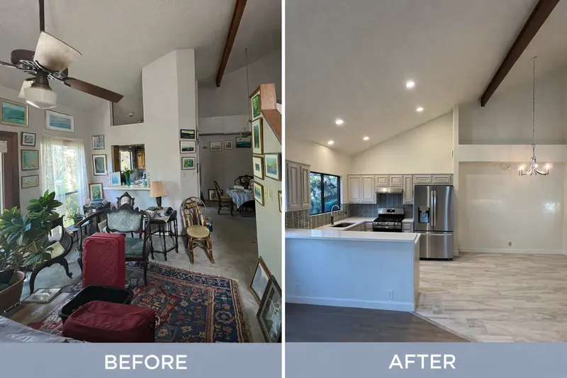 Open kitchen and living area before and after, Austin-area remodel by RenovatePros