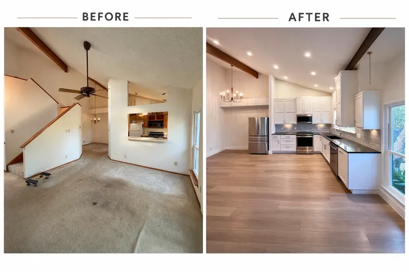 Kitchen and vaulted living room before and after, Austin-area remodel by RenovatePros